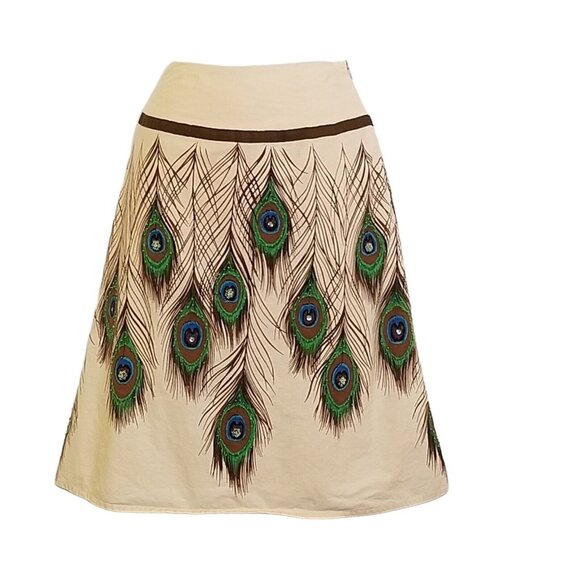 Bamboo Traders Women's Skirt Size 4P Beaded Peacock Feathers Cotton Lined A line - Picture 3 of 12